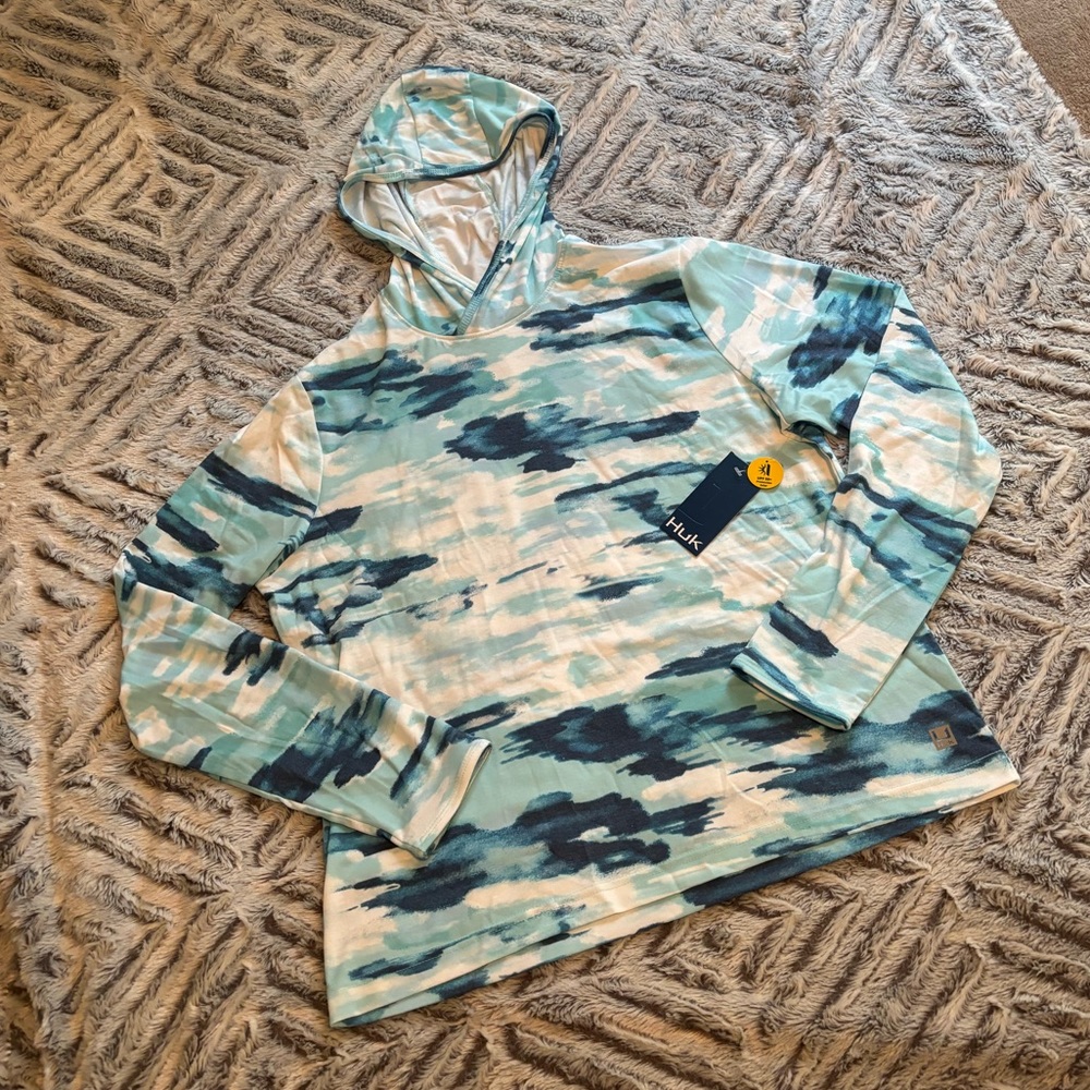 NWT Huk Waypoint Edisto long sleeve tee hoodie fishing top women LARGE blue
